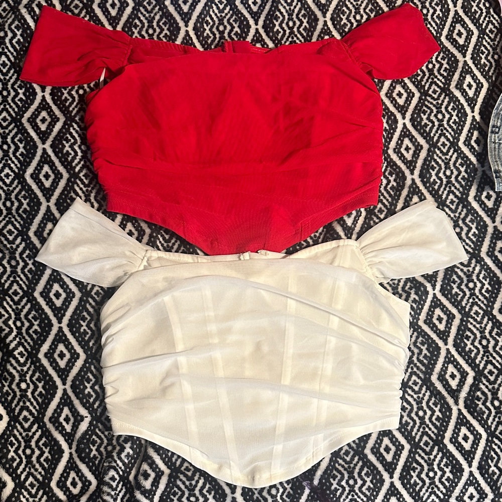 Elegant Off-Shoulder Red and Cream Tops